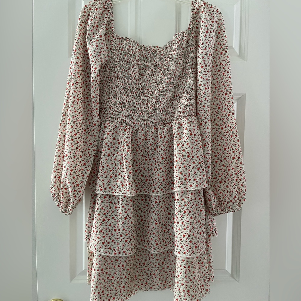 White and Red Rose Floral Print Long Sleeve Ruffle Dress